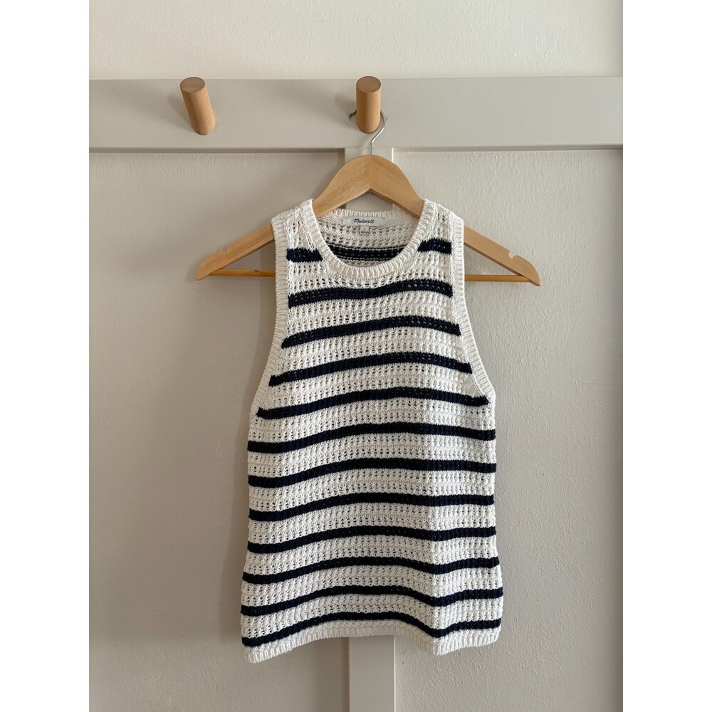 Madewell Top S Navy Cream Crochet Sweater Tank Knit Cotton Boho Cottage Indie